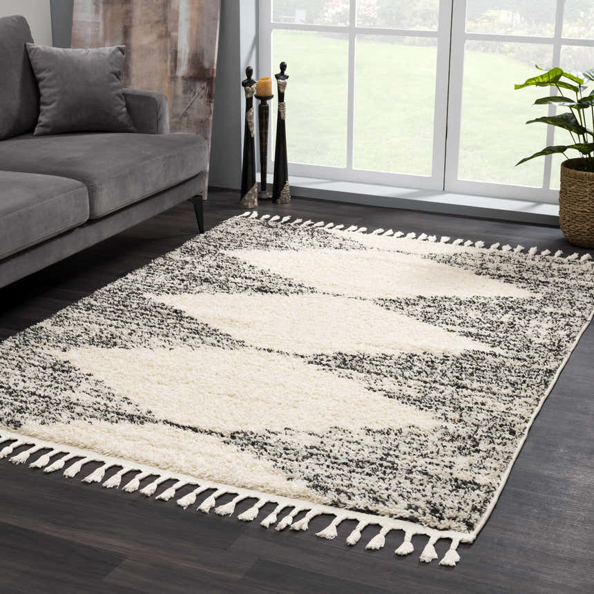 Living room scene with a gray sofa and a bone and dark gray Howth Area Rug with tassels. Roomscene-Rectangle
