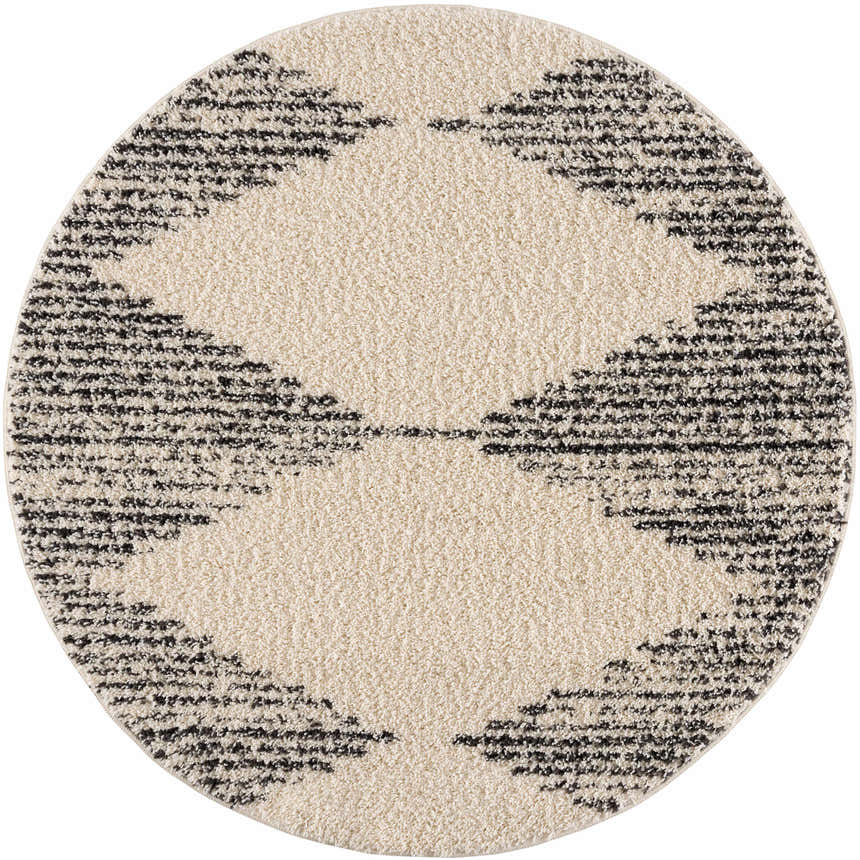 Round Howth Area Rug close-up. Bone shag rug with dark gray Moroccan-inspired diamond pattern. Design-Round