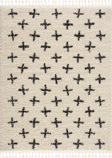 Close-up of the Alstead Shag Area Rug, a beige shag rug with a charcoal plus sign pattern and tassel fringe. Design-Rectangle