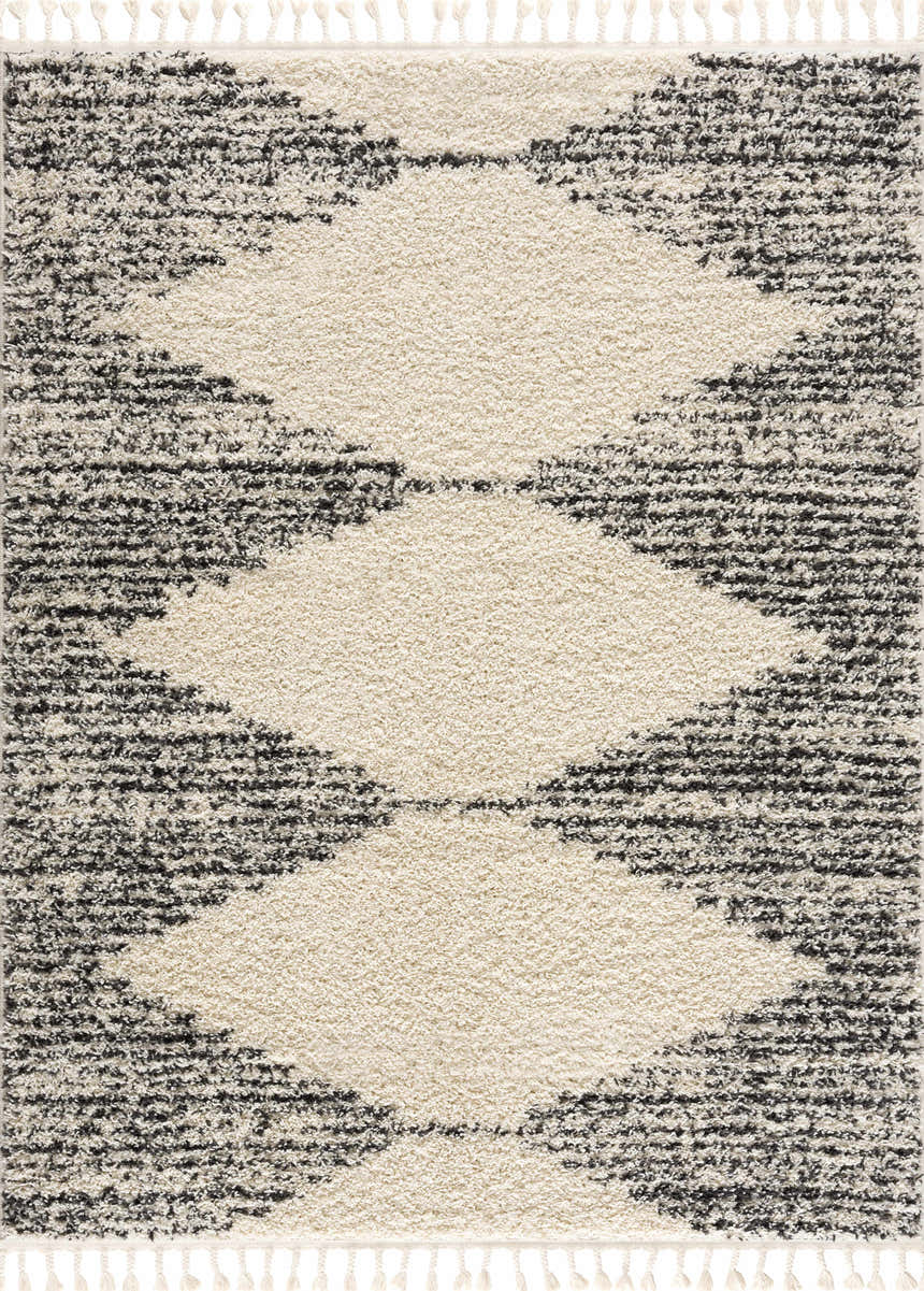 Close up of the Howth Area Rug, a shag rug with a bone and dark gray diamond pattern and tassels. Design-Rectangle