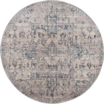 Round Orrick Area Rug with a traditional oriental design in cream, blue, and brown tones. Design-Round-53