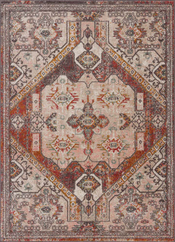 Detailed Yennora Area Rug featuring a traditional, bohemian design in brick red, camel, and dusty pink hues. Design-Rectangle-5373
