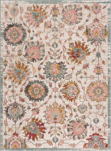 Close-up of the Twilight Floral Area Rug featuring a traditional floral pattern in brick red, pink, mustard, and blue on an off-white background. Design-Rectangle-537