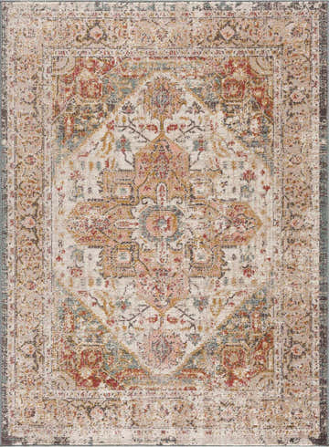 Close-up of the Hauteloom Peeta Rug, a machine-woven rug with a traditional vintage pattern in brown, cream, pink, and red. Design-Rectangle-46