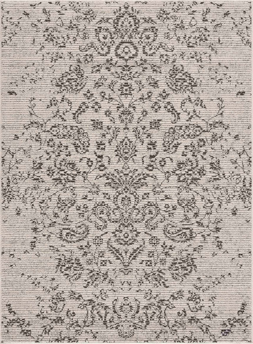 Close-up of the Paicines Area Rug. Charcoal floral pattern on a light beige background with subtle horizontal texture. Design-Rectangle-5373