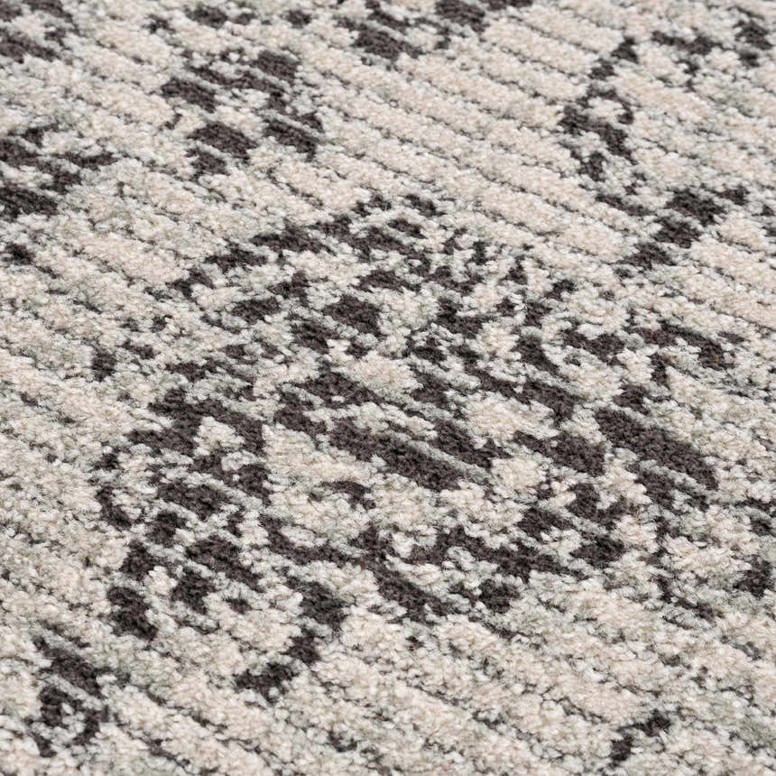 Close-up of the Paicines Area Rug, showcasing its charcoal and beige vintage-style pattern and textured, machine-woven construction. Texture