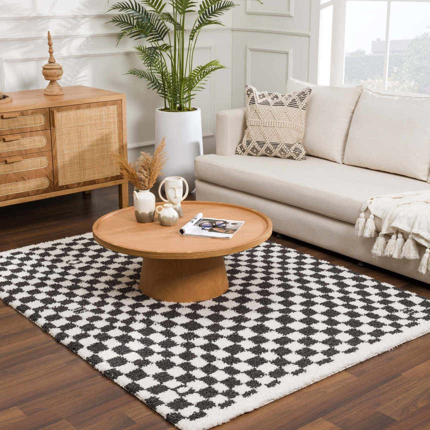 Living room with a Kieu Black & White Checkered Shag Rug, light sofa, wood accents, and a modern bohemian vibe. Roomscene-Rectangle