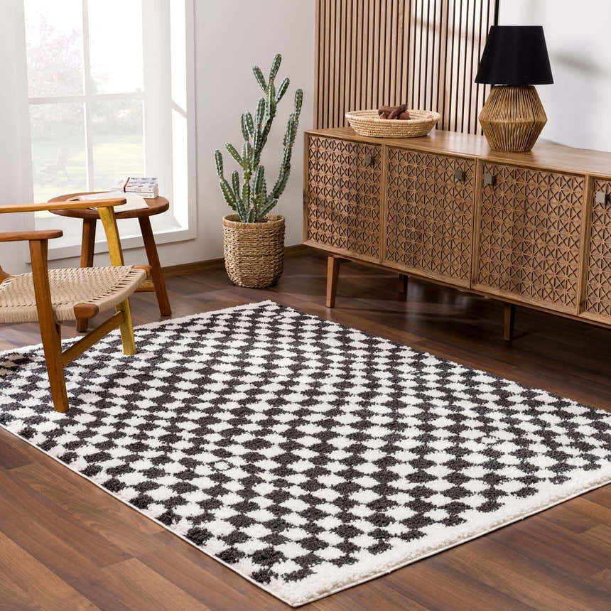 Living room scene with a Kieu Black & White Checkered Shag Rug, wood floors, and mid-century modern furniture. Roomscene-Rectangle