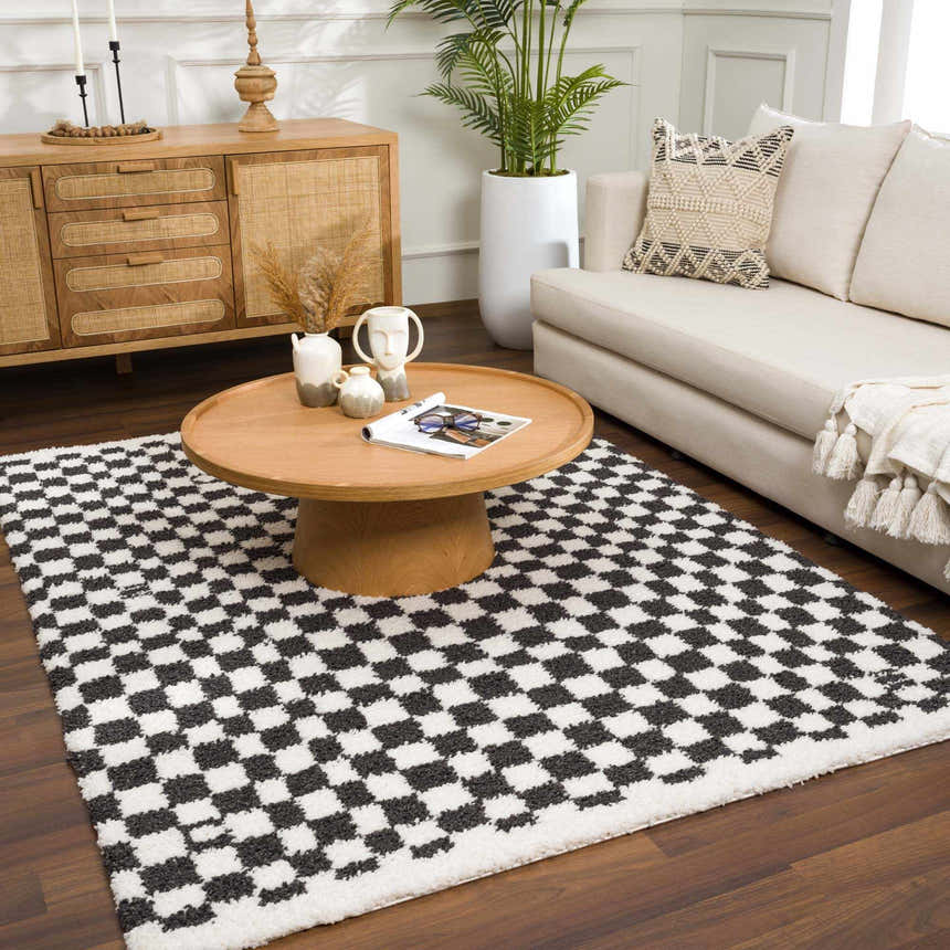 Living room scene with a Kieu Black & White Checkered Shag Rug, wood furniture, neutral sofa, and indoor plant. Roomscene-Rectangle