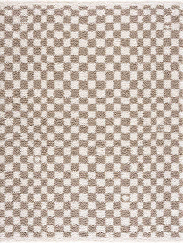 Close-up of the Kieu Taupe Checkered Shag Rug. Features a taupe and ivory checkerboard pattern with a soft, shag texture. Design-Rectangle-537