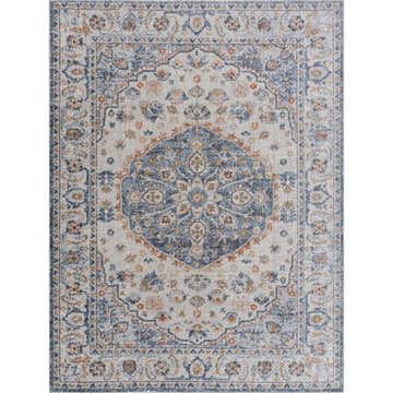 Hiti Cream&Blue Washable Rug with a traditional Persian-style design in cream, blue, and tan. Floral pattern. Design-Rectangle