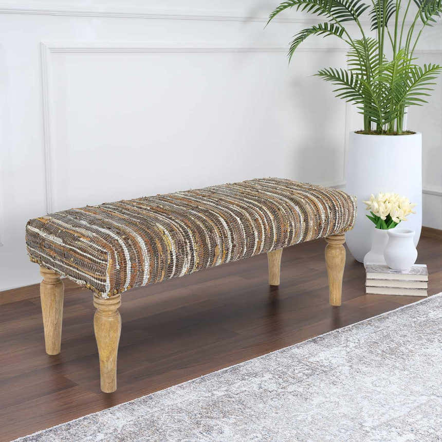 Bustos Leather Striped Wooden Base Bench - Clearance