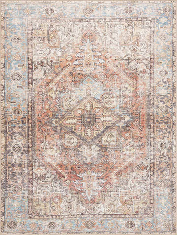 Close-up of the Beck Peach Washable Area Rug. Features a traditional oriental design in beige, blue, and bronze tones. Design-Rectangle-46