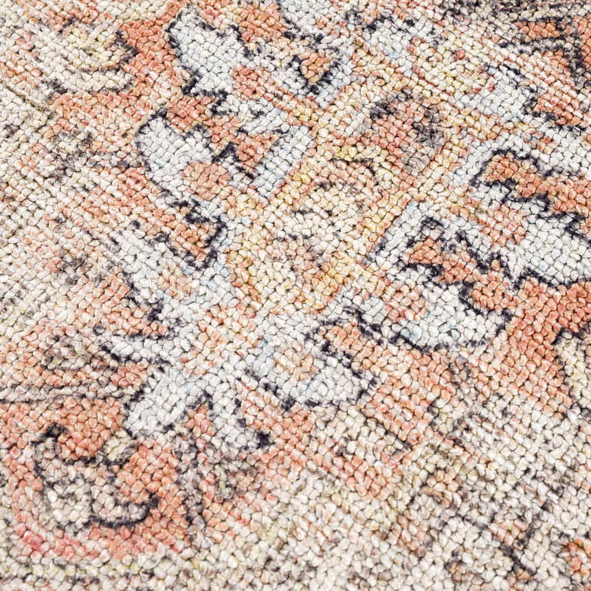 Close-up of the Beck Peach Washable Area Rug, featuring a traditional pattern in beige, peach, and gray hues. Texture