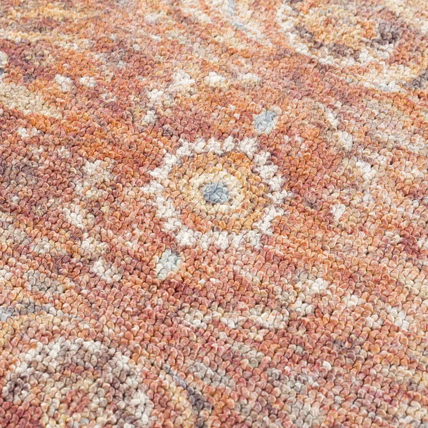 Close-up of the Anshu Peach Washable Area Rug showing its traditional vintage design, beige, blue, and burgundy colors. Texture