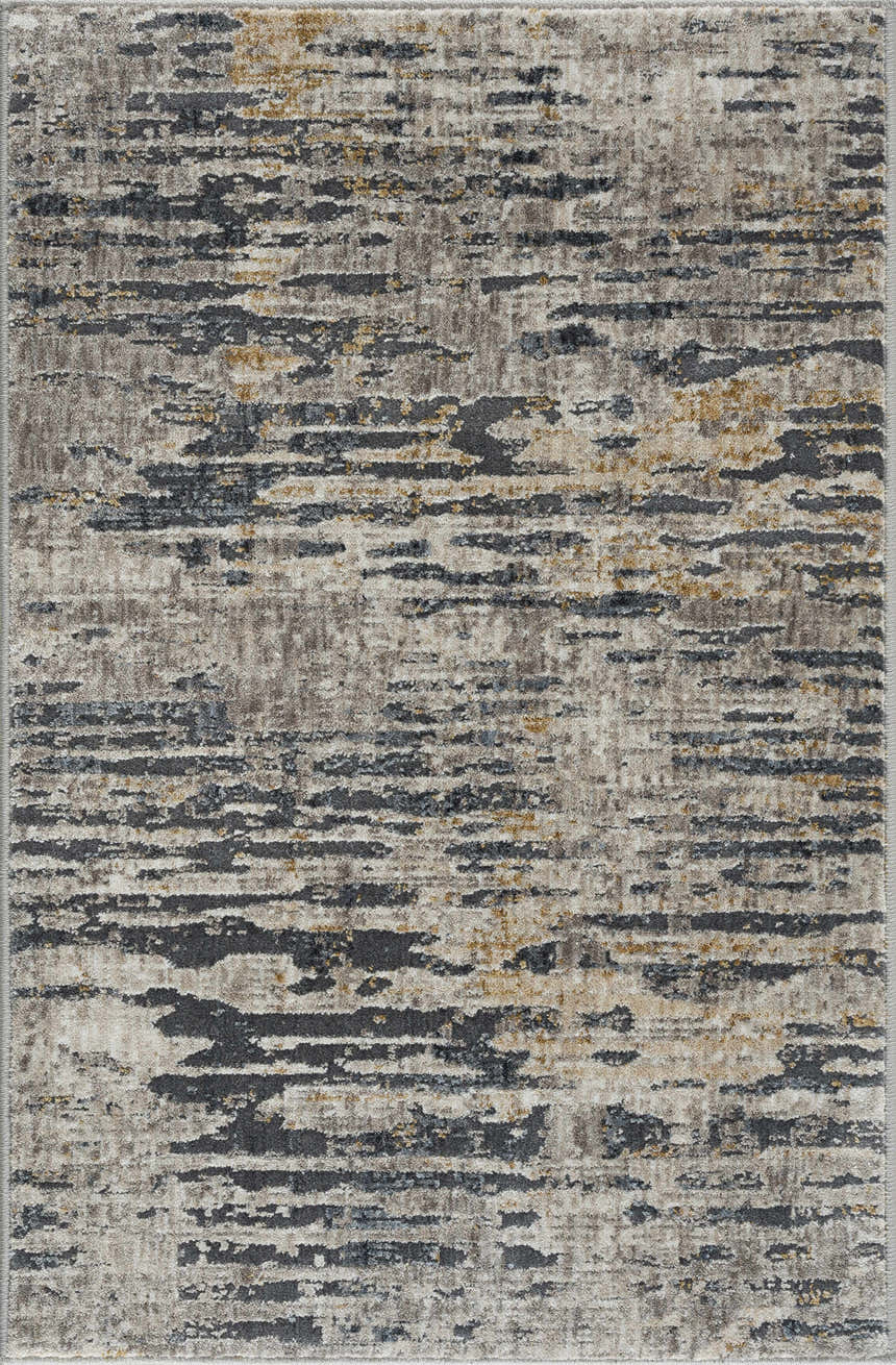 Close-up of the Sywell Luxe Fringe Rug. Contemporary design with beige, tan, and charcoal abstract pattern. Machine woven polyester. Design-Rectangle-23