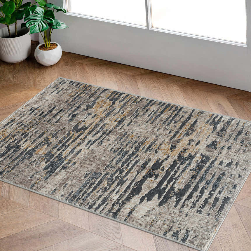 Entryway with Sywell Luxe Fringe Rug. Beige, gray and charcoal rug on wood floors with potted plants. Roomscene-Rectangle