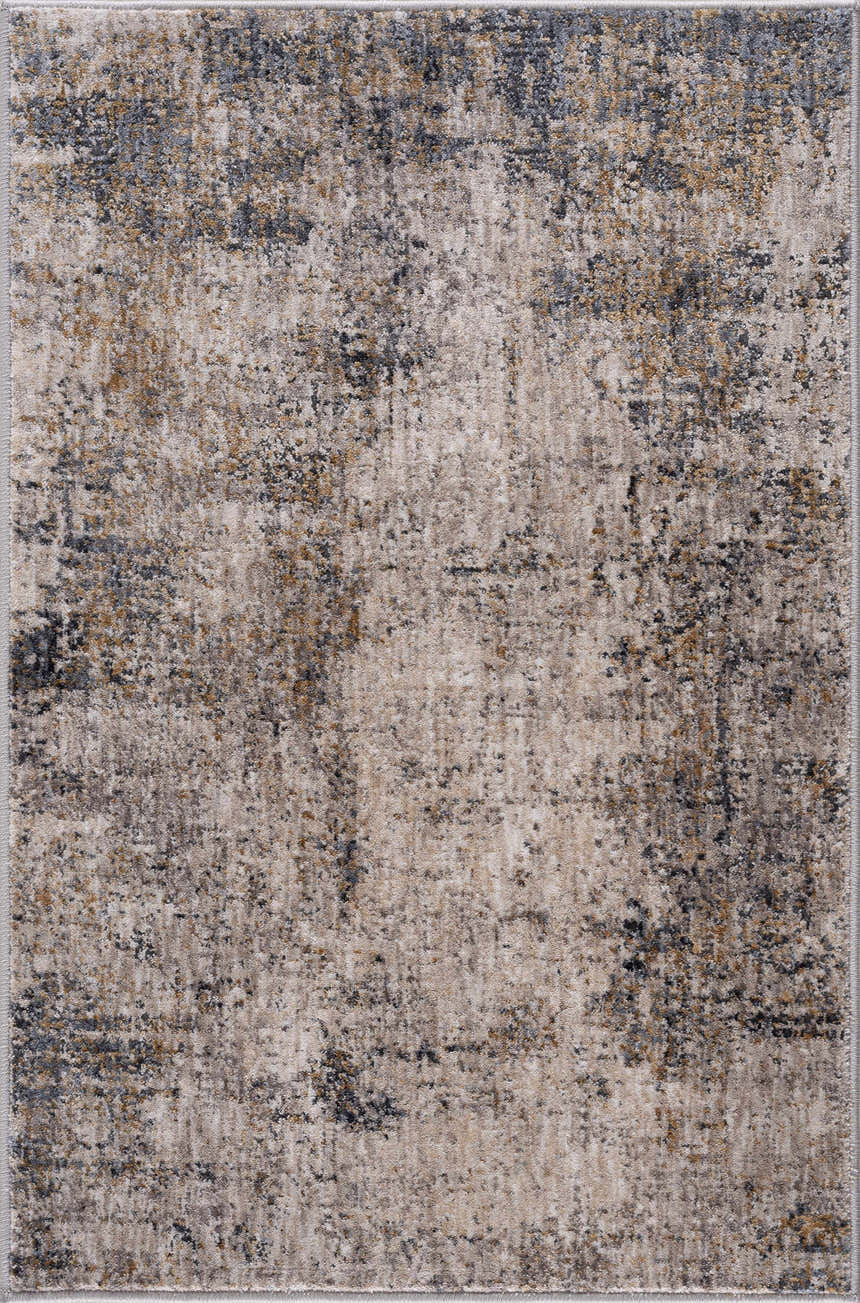 Close-up of the Odell Abstract Luxe Fringe Rug with dark blue, light blue, gray, and mustard abstract pattern. Design-Rectangle-23