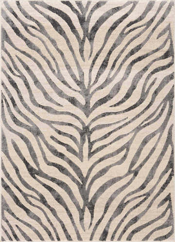 Close-up of the Gray Ecorse Zebra Print Area Rug, featuring a black and gray zebra stripe pattern on a light beige background. Design-Rectangle-3157
