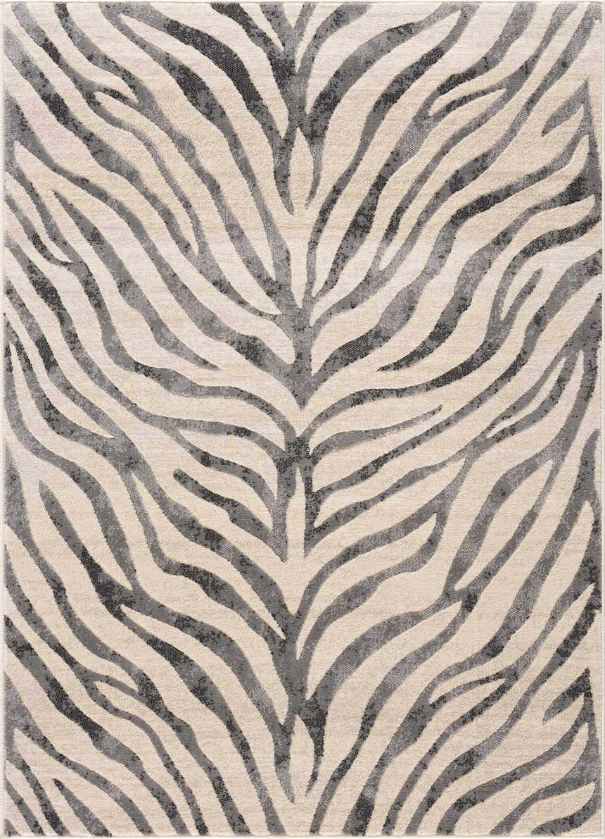 Close-up of the Gray Ecorse Zebra Print Area Rug, featuring a black and gray zebra stripe pattern on a light beige background. Design-Rectangle-3157