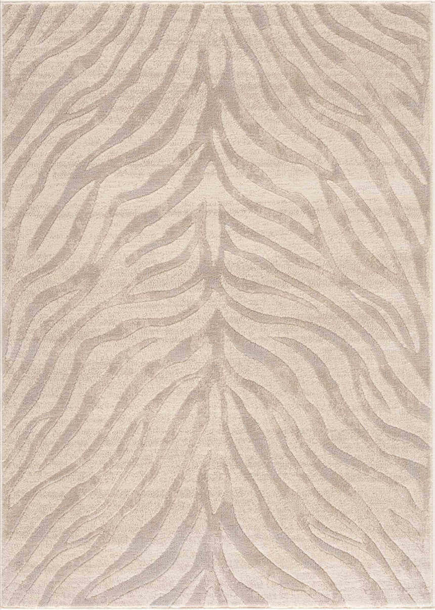 Close-up of the Beige Manteca Zebra Print Area Rug, featuring a light beige and gray animal stripe pattern. Design-Rectangle-3157