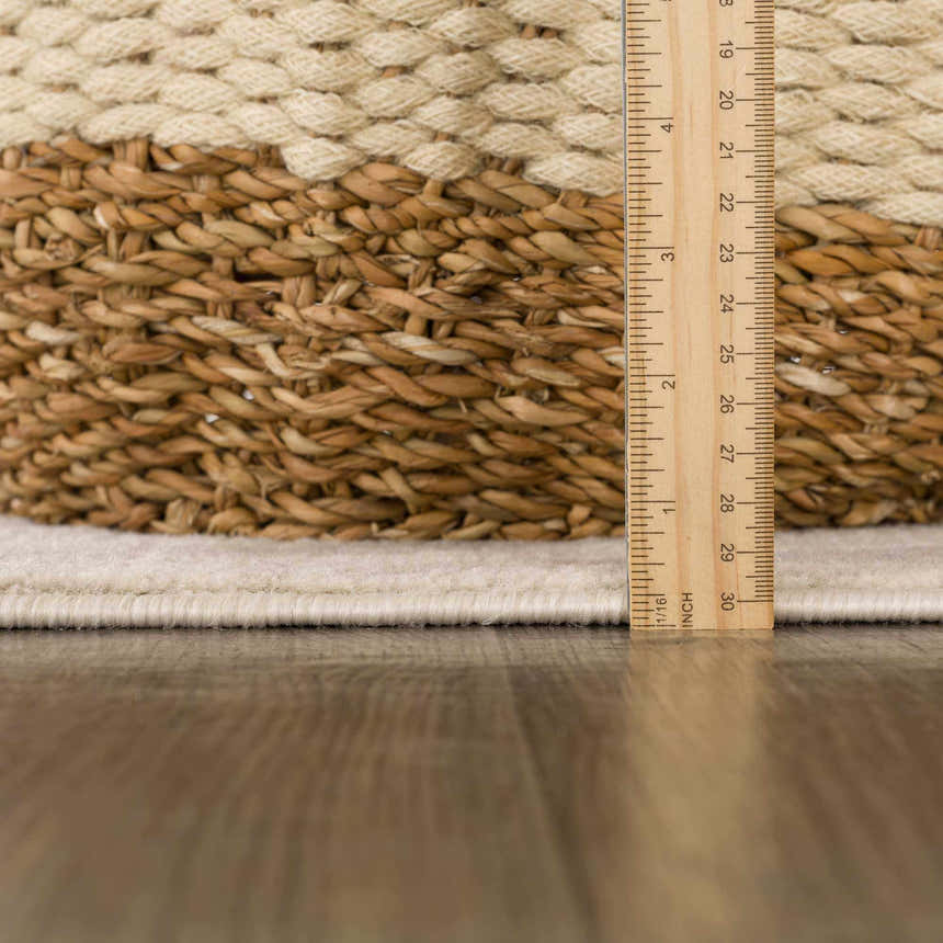 Close-up of the Beige Manteca Zebra Print Area Rug showing the rug's pile height and edge binding detail. Pile