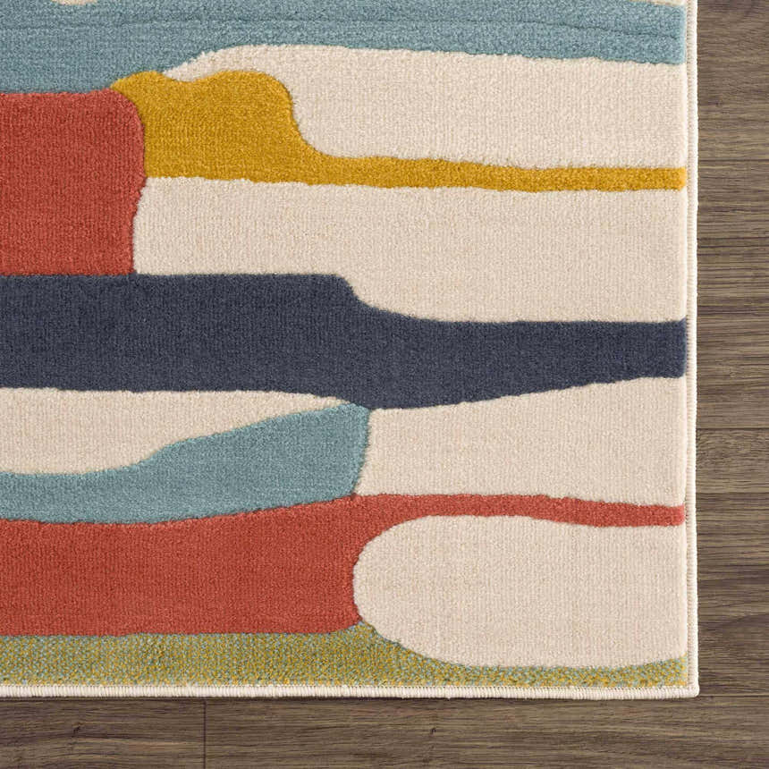 Close-up of the Southfields Colorful Modern Area Carpet with aqua, charcoal, mustard, orange, and beige abstract design. Swatch