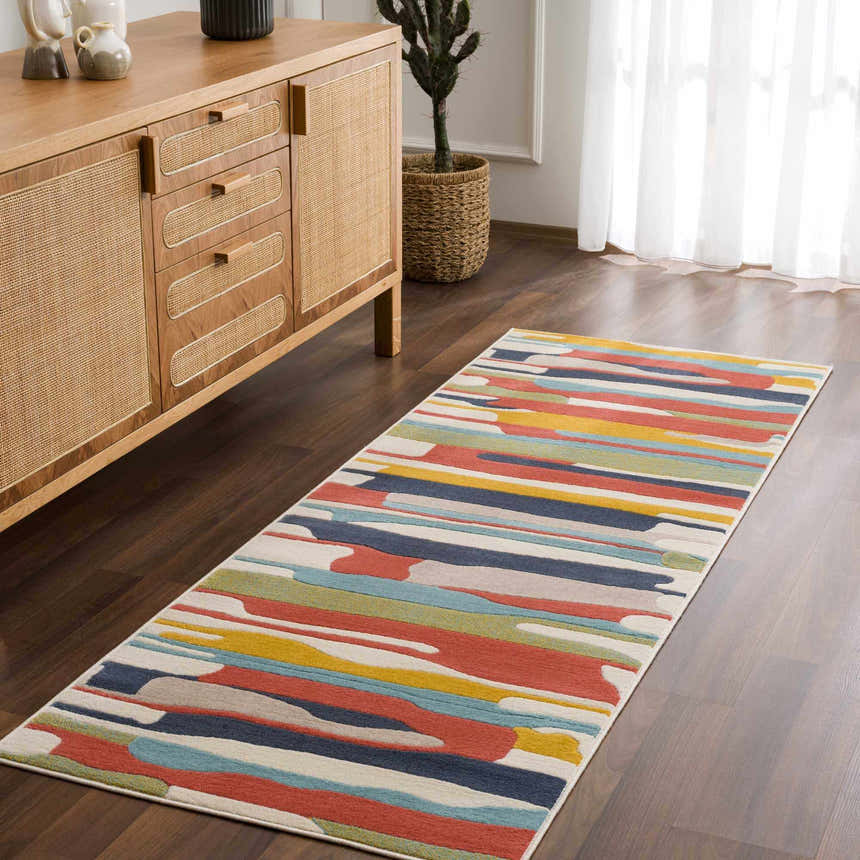 Entryway with a Southfields Colorful Modern Area Carpet runner and a wood console table. Roomscene-Runner