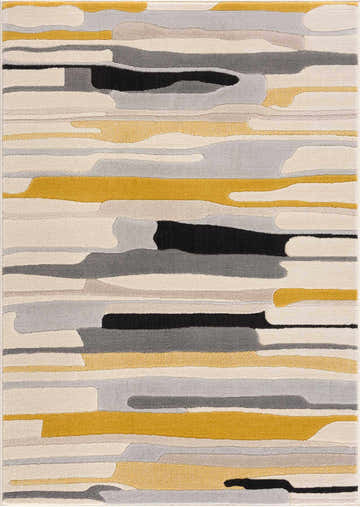 Close-up of the Southfields Mustard Modern Rug. Abstract design with mustard, black, gray, beige, and taupe hues. Machine woven texture. Design-Rectangle-3157