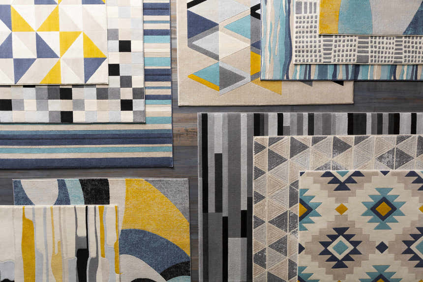 Assorted Basco Area Rugs: Contemporary designs in aqua, charcoal, beige, blue, peach, and taupe. Geometric and striped patterns. Styleshot