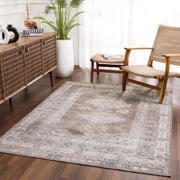 Living room with Baltinglass Flat Pile Washable Rug in beige, blue, and cream. Farmhouse style with wood furniture. Roomscene-Rectangle