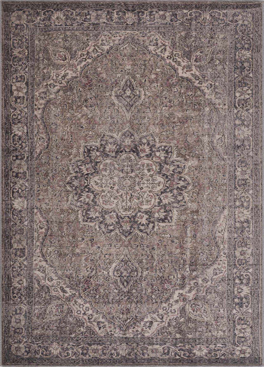 Close-up of the Greenpoint Dusty Blue Washable Rug. Features an oriental pattern in beige, black, and dusty sage. Traditional style. Design-Rectangle-5373