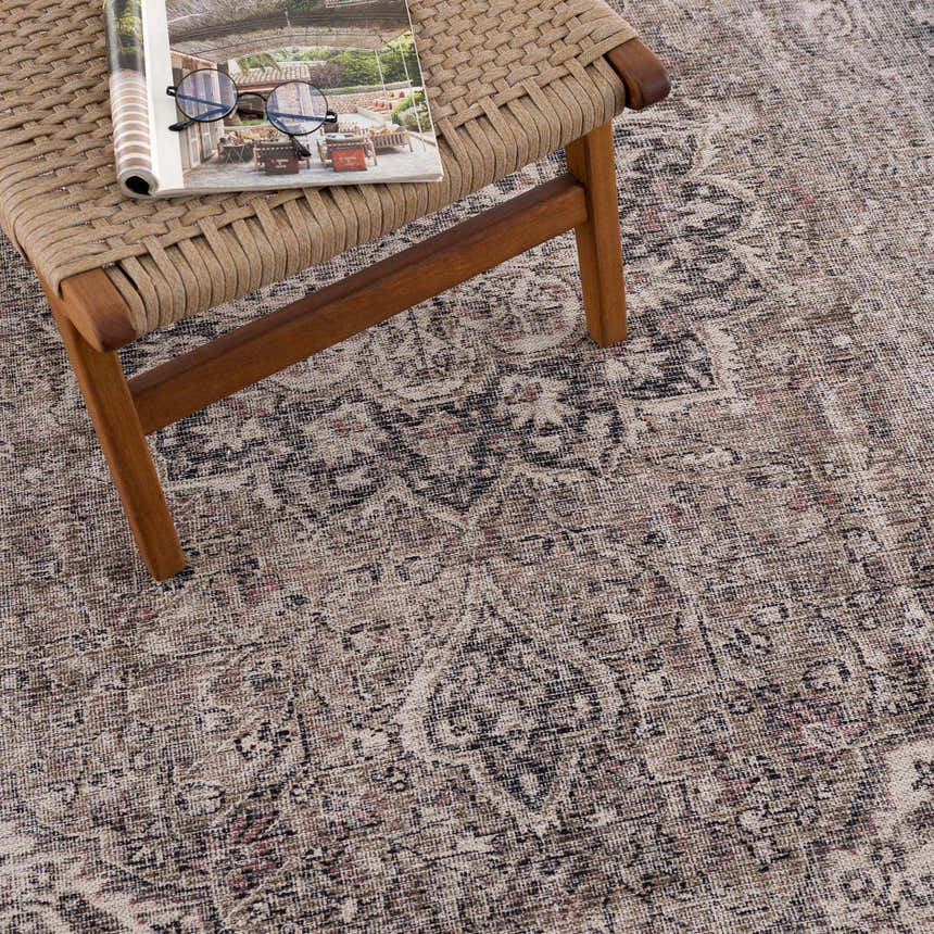 Close-up of the Greenpoint Dusty Blue Washable Rug, showcasing its beige, black, and dusty sage oriental pattern and soft chenille texture. Styleshot
