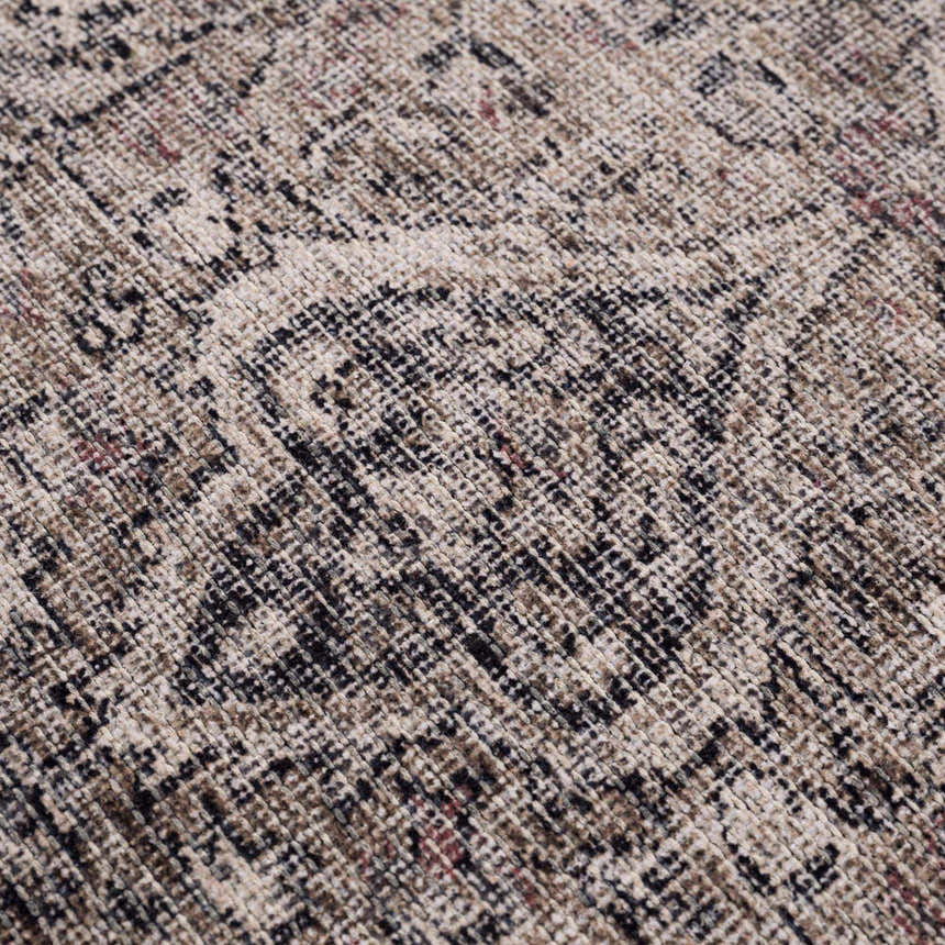 Close-up of the Greenpoint Dusty Blue Washable Rug, showcasing its beige, black, and red oriental-style pattern and chenille texture. Texture