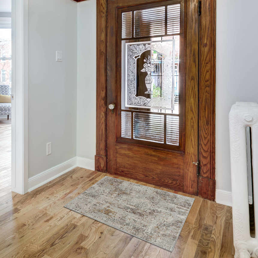 Entryway with a Windale Textured Luxe Area Rug in brown, gray, and off-white by a wood door and radiator. Roomscene-Rectangle