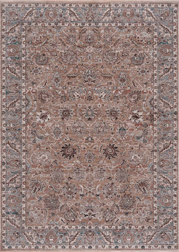 Detailed floral pattern of the Civankan Area Rug in brick red, denim, and brown tones. Traditional style. Design-Rectangle-5376