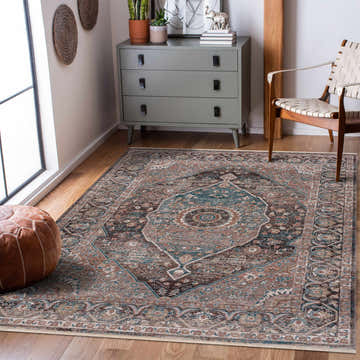 Living room scene with a Baychester Brown Area Rug, gray dresser, woven chair, and brown leather pouf. Roomscene-Rectangle
