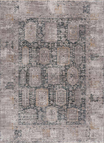 Close-up of the Elsu Area Rug, a traditional design in dark brown, gray, and taupe hues with a distressed look. Design-Rectangle-5376