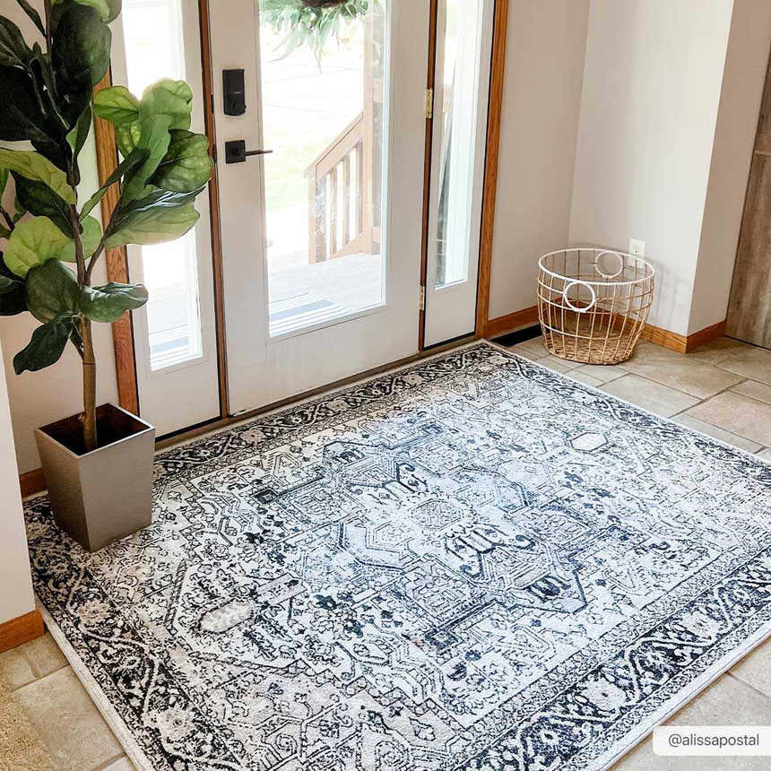 Entryway with a Cabacungan Washable Area Rug in black, gray, and beige. Neutral walls, white door, and potted plant. Roomscene-Rectangle