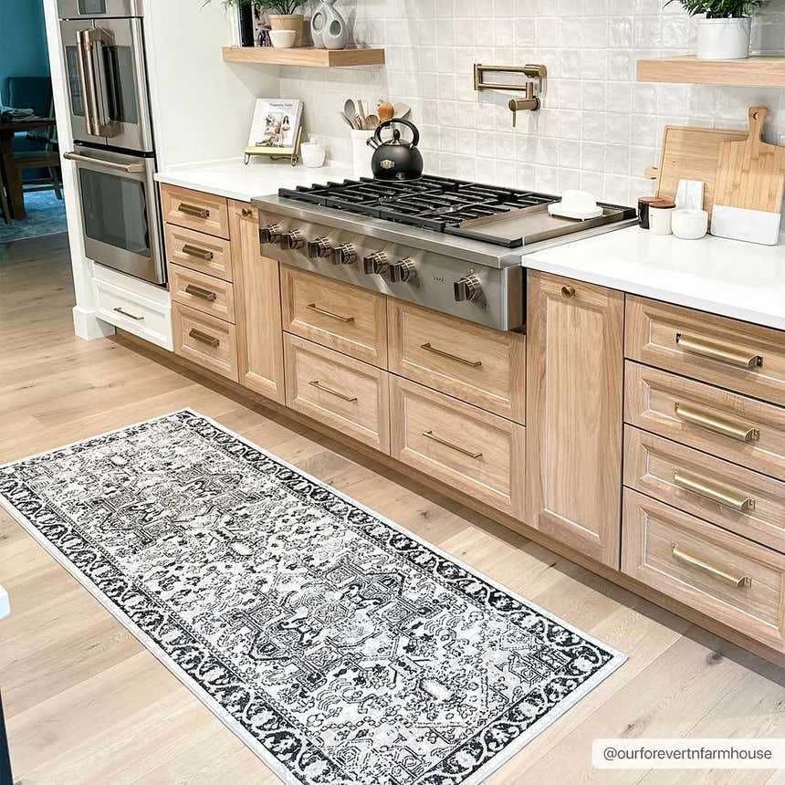 Farmhouse kitchen with light wood cabinets and Cabacungan Washable Area Rug in black and gray. Roomscene-Runner