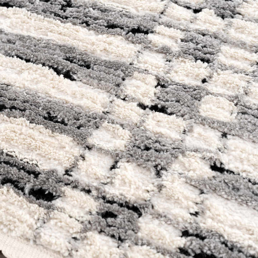 Close-up of the Nava Area Rug. Beige, bone, and black geometric pattern. Soft, textured, machine-woven pile. Texture