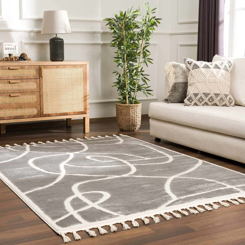 Living room scene with Azana Modern Gray Area Rug, cream sofa, wood cabinet, and indoor plant. Roomscene-Rectangle