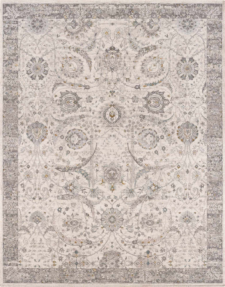 Detailed view of the Gauge Cream & Gray Blue Rug with fringes. Farmhouse style with floral pattern in gray, cream, and brown tones. Design-Rectangle-575