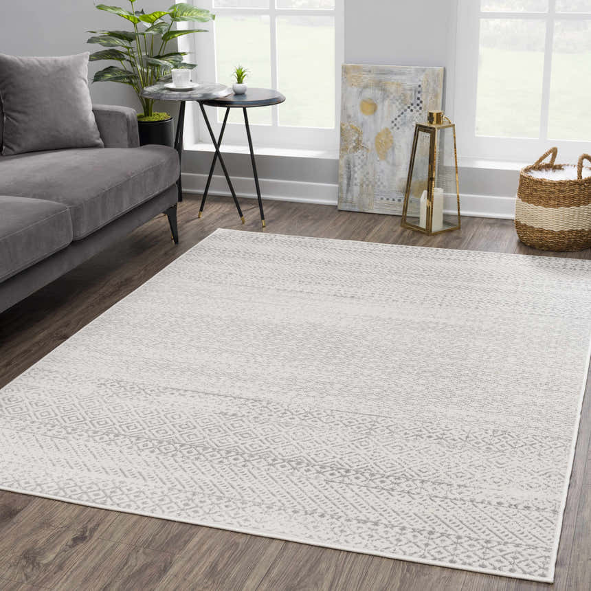 Living room scene with gray sofa and Tigri Aztec Ivory & Gray area rug. Contemporary style with geometric pattern. Roomscene-Rectangle