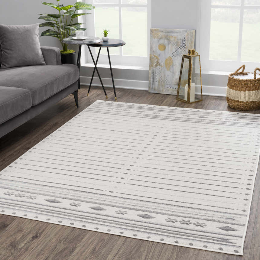 Living room scene with gray sofa and Tigri Aztec Ivory & Gray area rug. Farmhouse style with wood floors and natural light. Roomscene-Rectangle