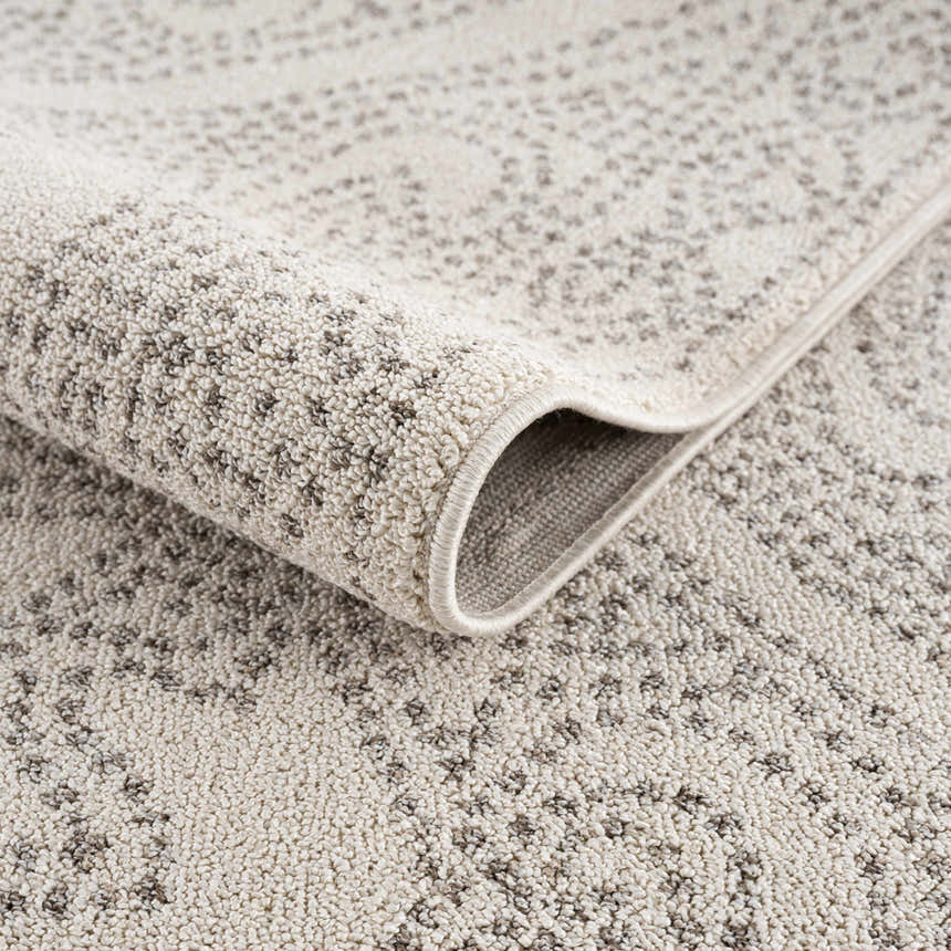 Close-up of the Birdwood Cream & Brown Area Rug showing its textured weave and subtle bohemian pattern. Fold