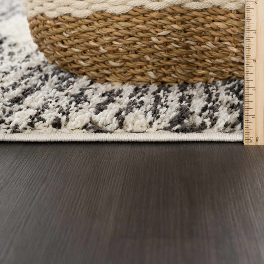 Close-up of the Howth Area Rug showing the bone and dark gray shag texture with a decorative basket. Fold