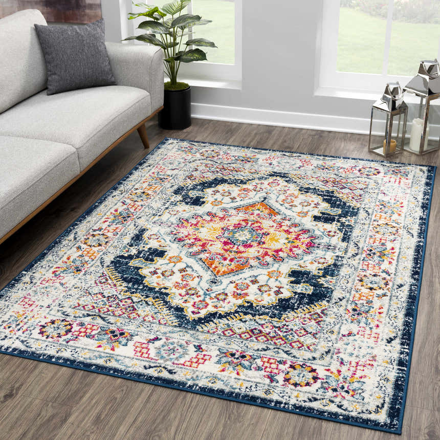 Living room scene with gray sofa and Marash KMRSH-4603 runner rug in navy, orange, pink, and white. Roomscene-Rectangle