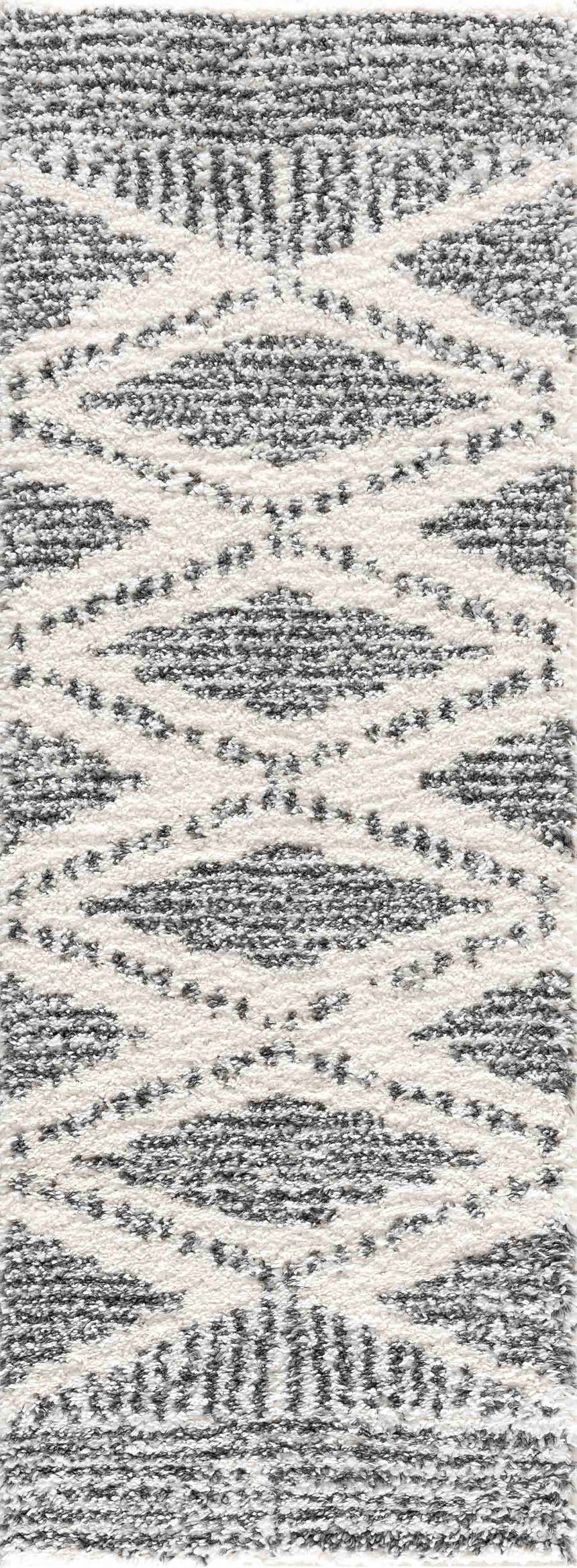 Close-up of Trunding Plush Area Rug. Charcoal and cream shag rug with a bohemian diamond pattern and soft, plush texture. Design-Runner-2773