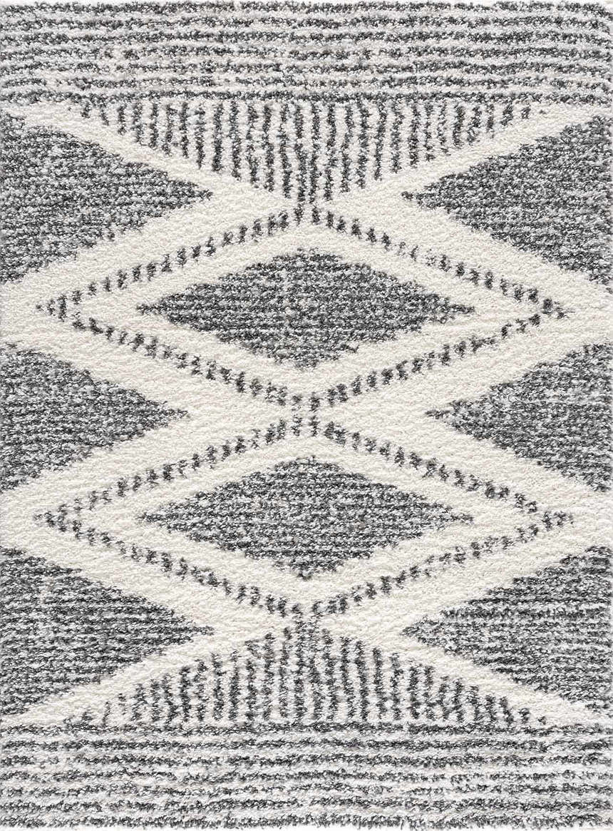 Close up of the Trunding Plush Area Rug. Charcoal and cream shag rug with a geometric diamond pattern. Design-Rectangle-5373